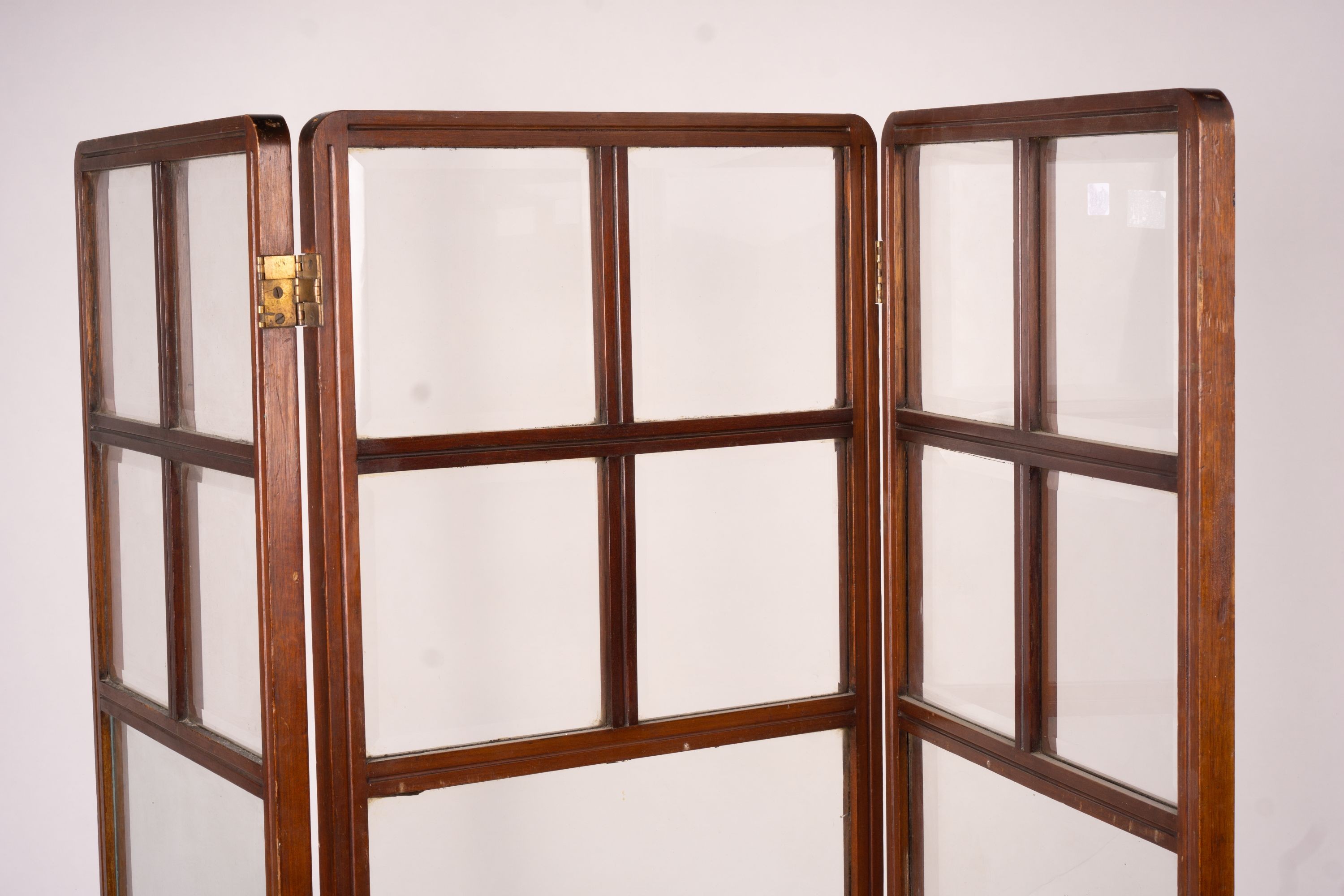 An Edwardian glazed mahogany three fold screen, each panel width 51cm, height 157cm